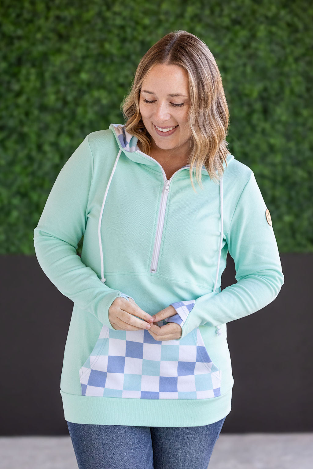 IN STOCK HalfZip Hoodie - Mint with Blue and Mint Checker MM EXCLUSIVE