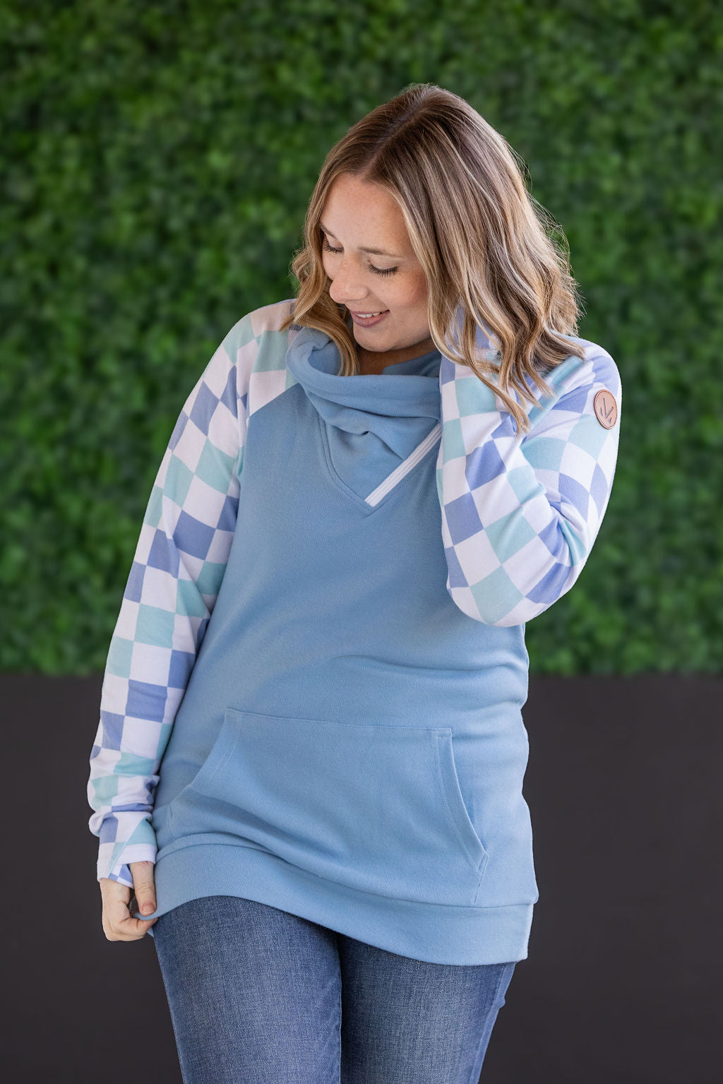 IN STOCK Zoey ZipCowl Sweatshirt - Blue and Mint Checker MM EXCLUSIVE