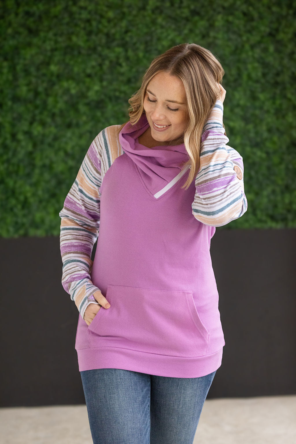 IN STOCK Zoey ZipCowl Sweatshirt - Mauve and Stripes