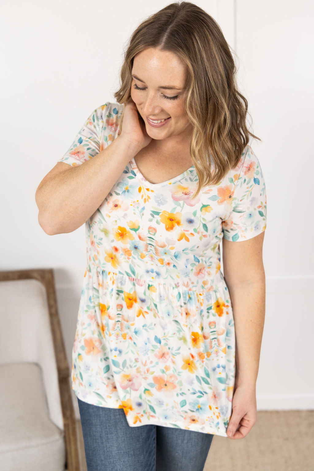 IN STOCK Sarah Ruffle Short Sleeve - Watercolor Floral