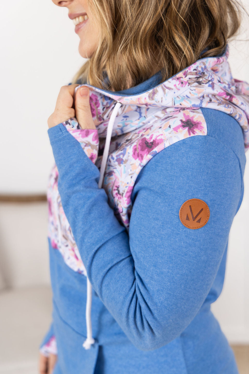 IN STOCK HalfZip Hoodie - Pink and Periwinkle Abstract Floral and Blue