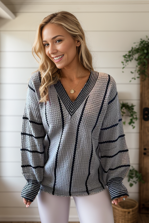 Preppy V Neck Loose Tunic Sweater