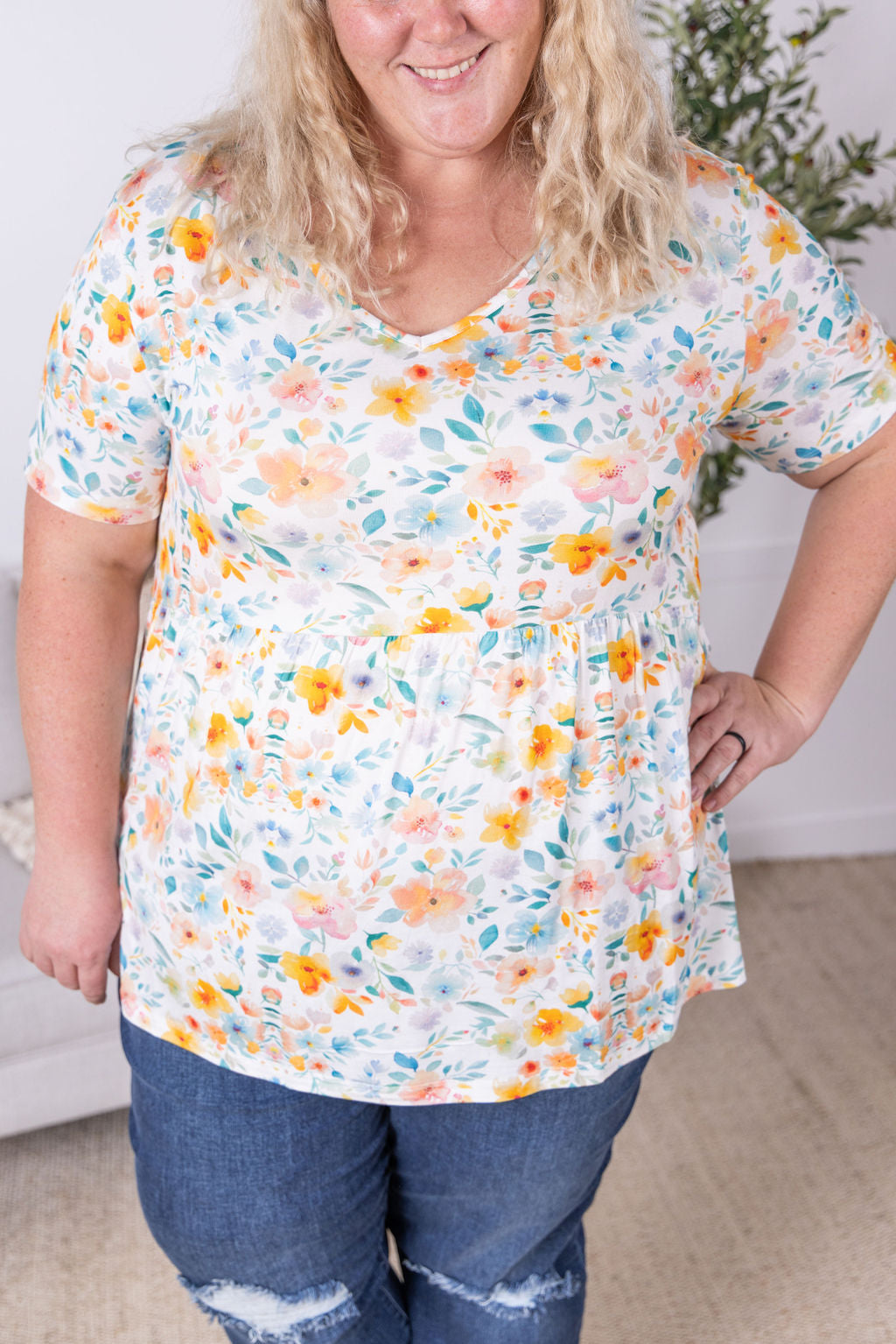 IN STOCK Sarah Ruffle Short Sleeve - Watercolor Floral