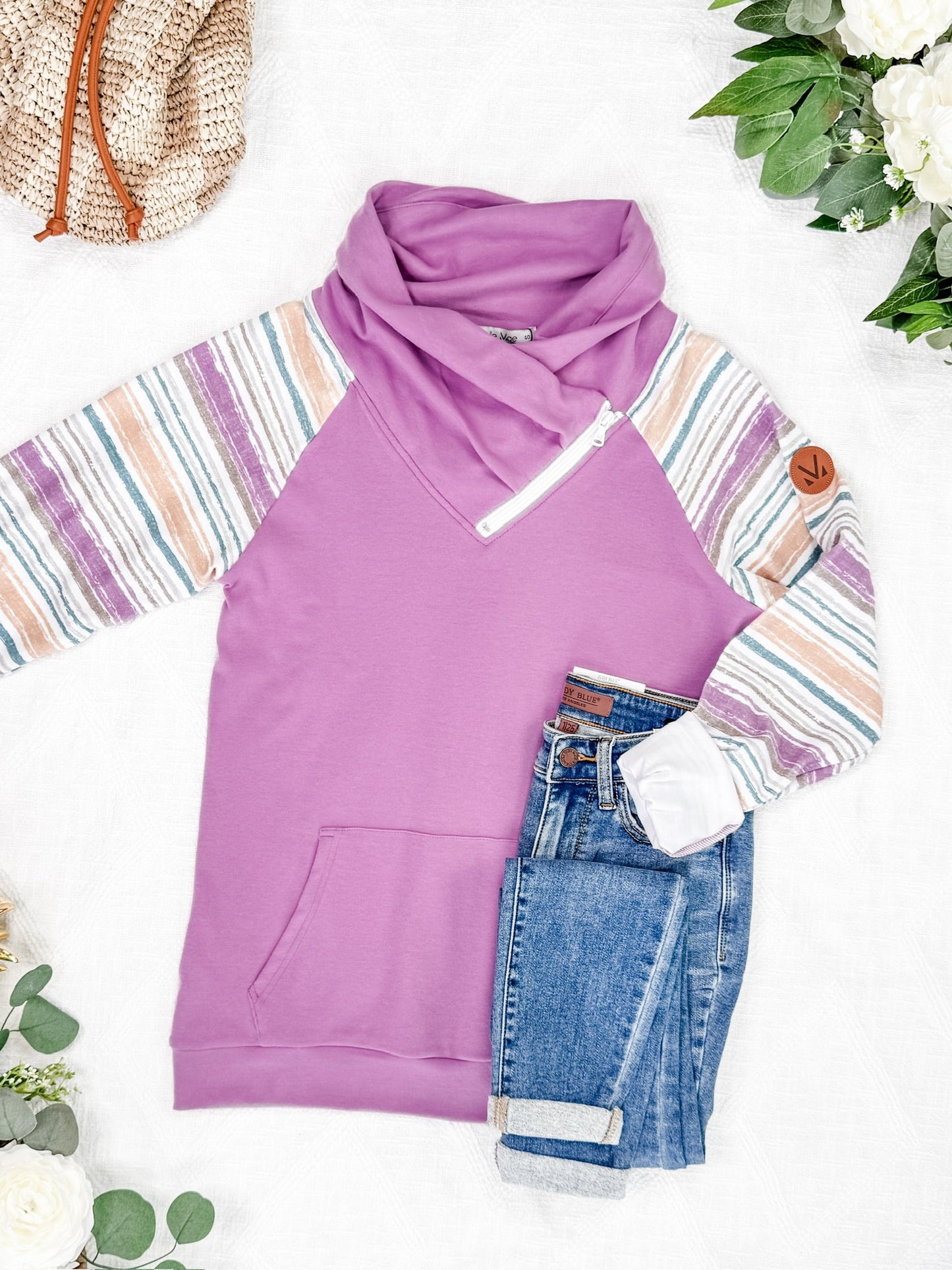 IN STOCK Zoey ZipCowl Sweatshirt - Mauve and Stripes