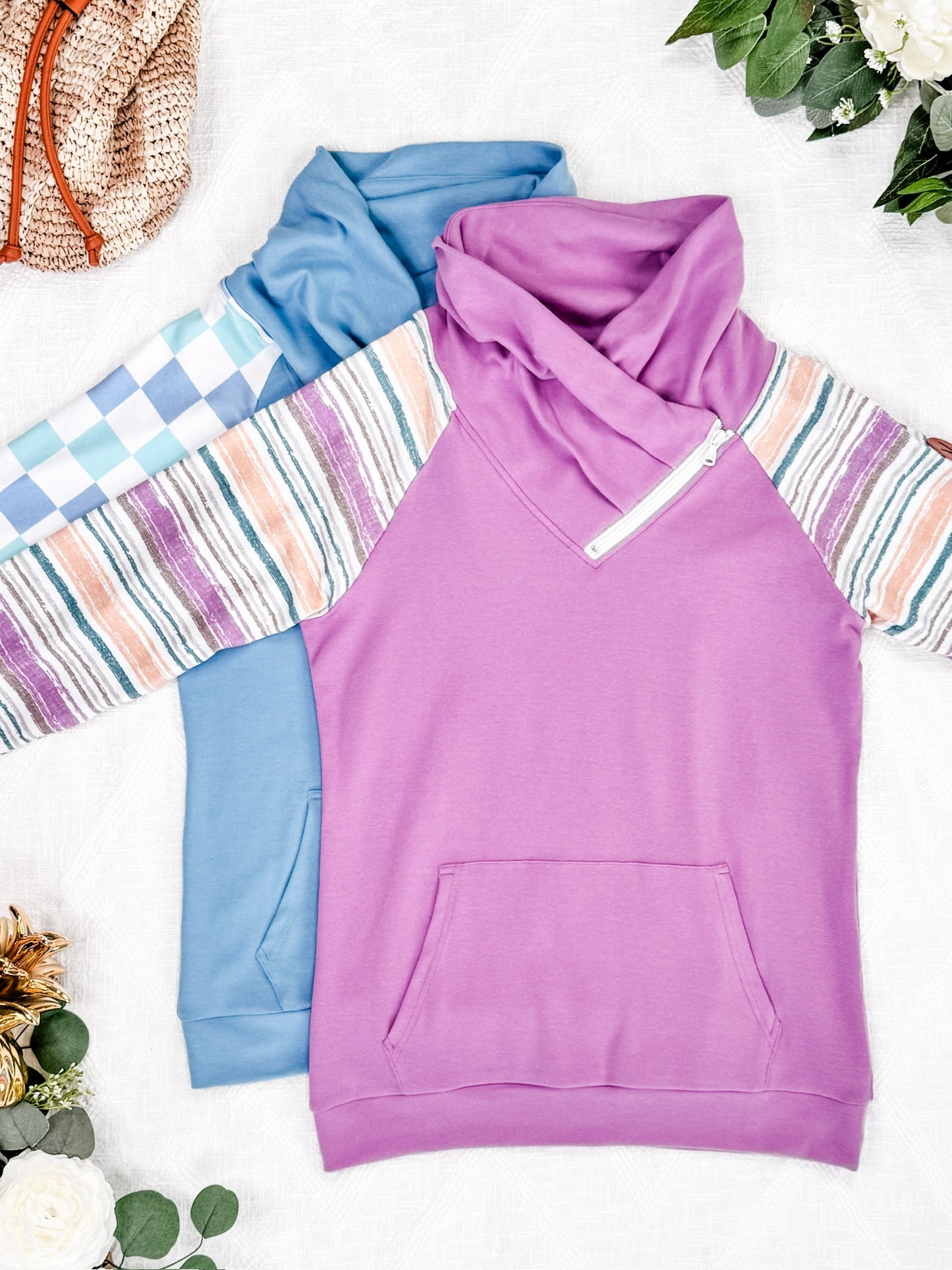 IN STOCK Zoey ZipCowl Sweatshirt - Mauve and Stripes