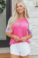 Bright Pink Twisted Ribbed Color Block Patchwork Henley Short Sleeve T Shirt