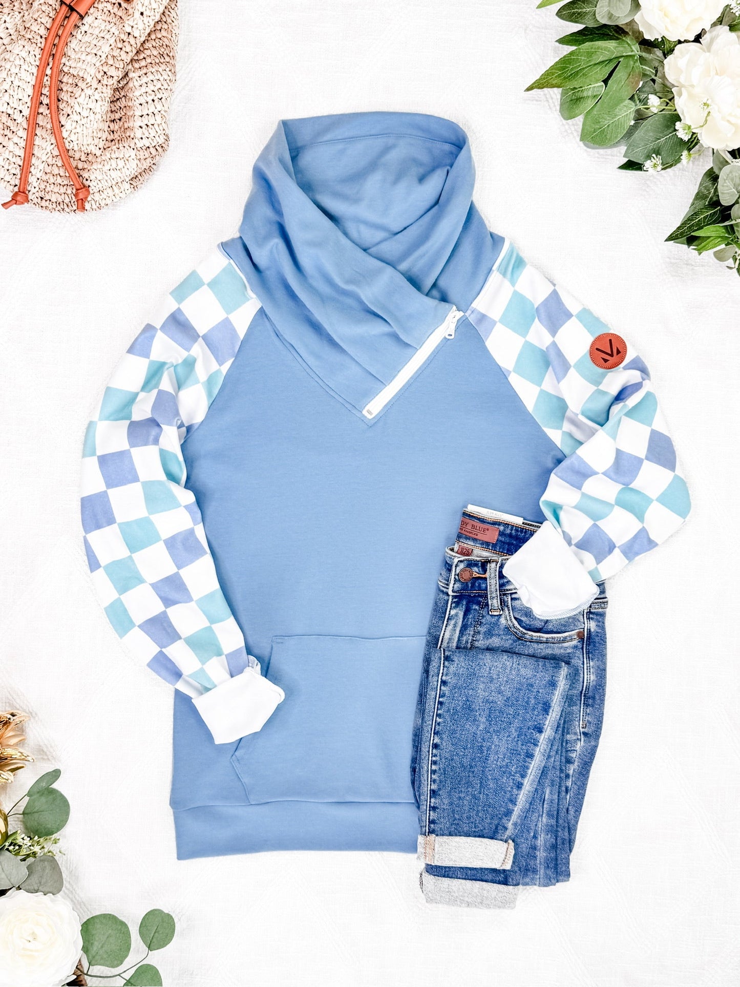 IN STOCK Zoey ZipCowl Sweatshirt - Blue and Mint Checker MM EXCLUSIVE