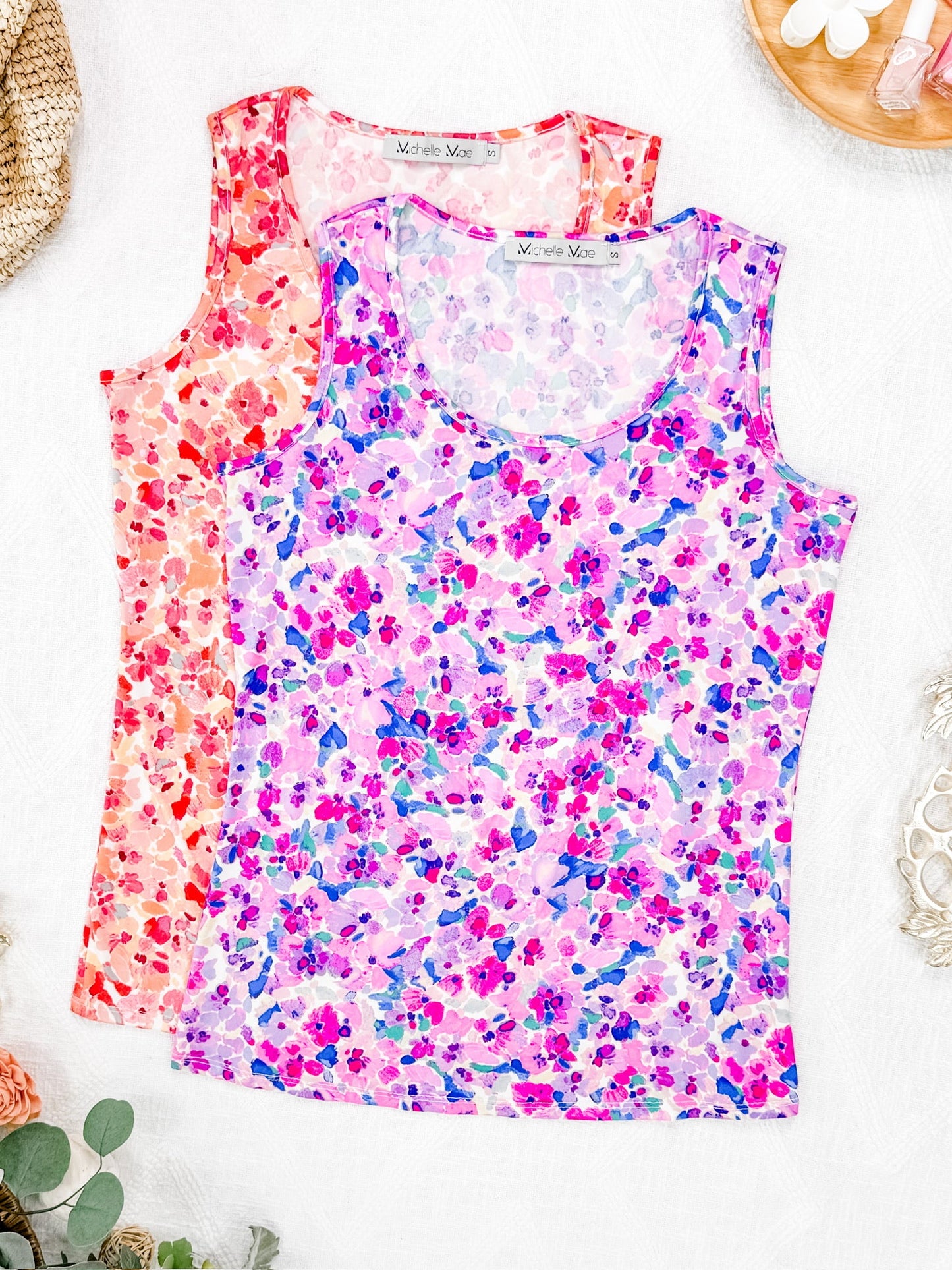 IN STOCK Luxe Crew Tank - Peach Floral Abstract