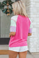 Bright Pink Twisted Ribbed Color Block Patchwork Henley Short Sleeve T Shirt