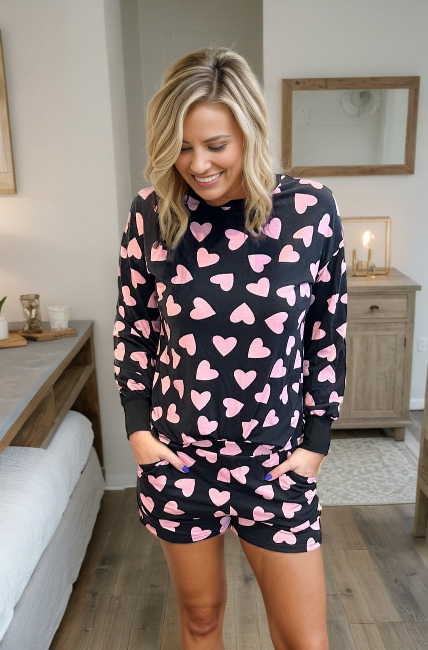 Heart Print Long Sleeve Top and Shorts Set