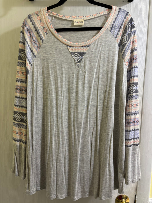 Lovely Melody Soft Aztec Patch Sleeve Top 2X
