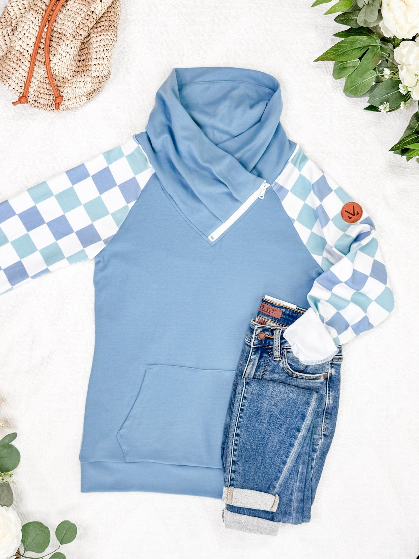 IN STOCK Zoey ZipCowl Sweatshirt - Blue and Mint Checker MM EXCLUSIVE