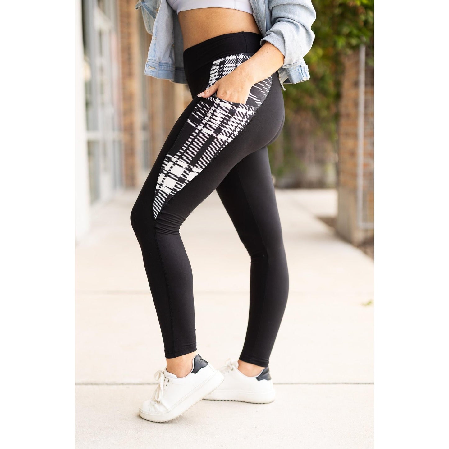 High waisted black leggings with plaid side panel