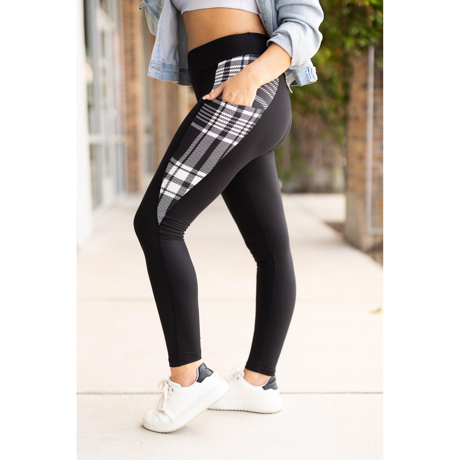 High waisted black leggings with plaid side panel