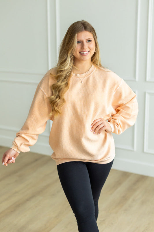 PEACH- Essential Luxe Corded Crew Sweatshirt