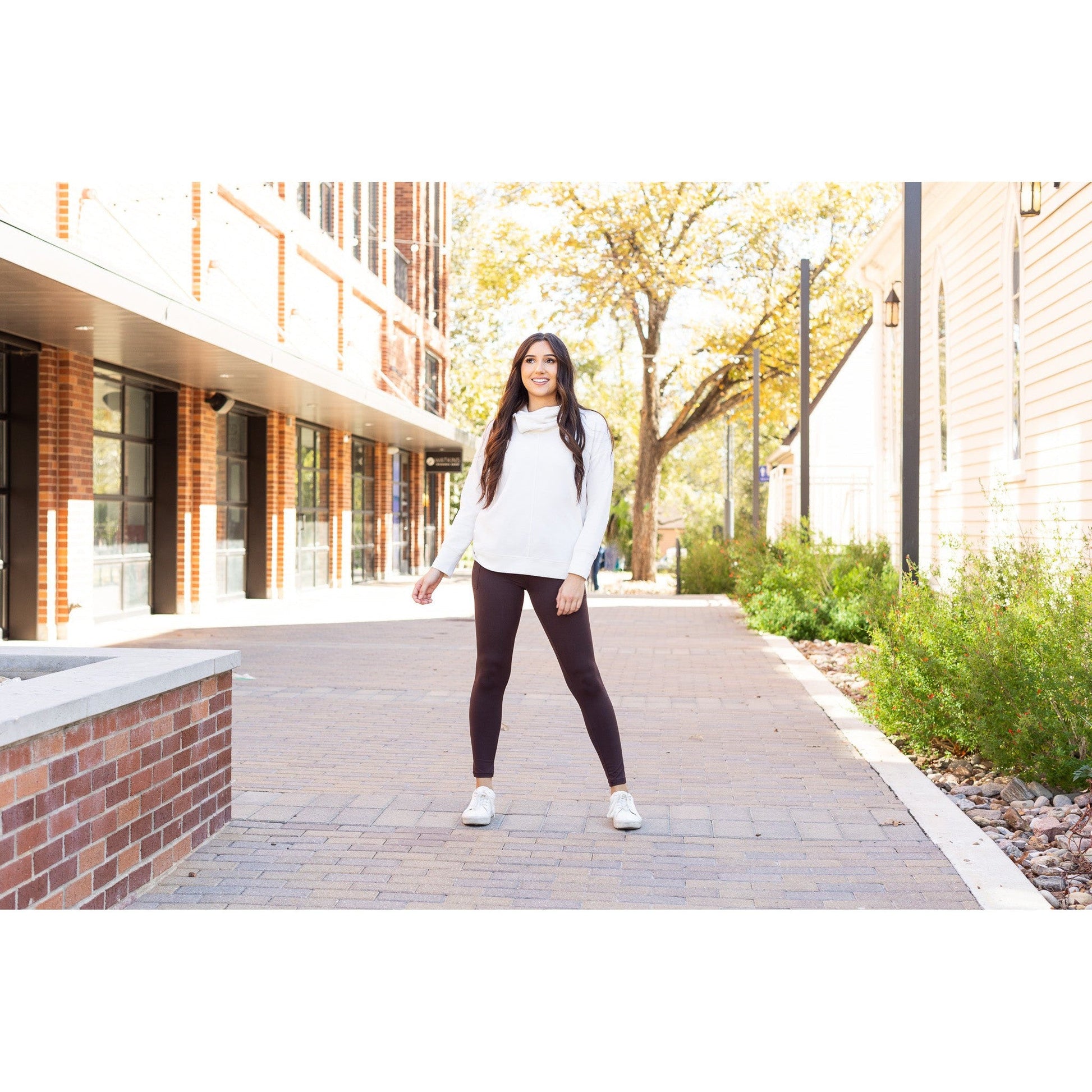 High waist brown crossover leggings for women. Buttery soft brown leggings with flattering waistband