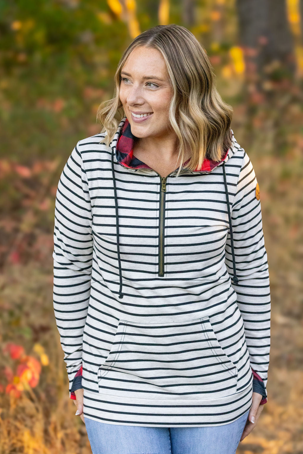 IN STOCK HalfZip Hoodie - Oatmeal Stripes and Buffalo Plaid FINAL SALE