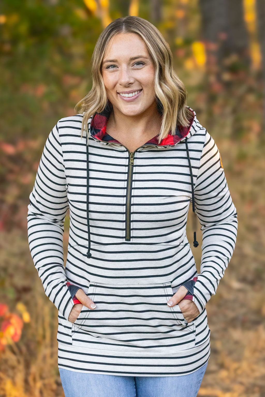 IN STOCK HalfZip Hoodie - Oatmeal Stripes and Buffalo Plaid FINAL SALE