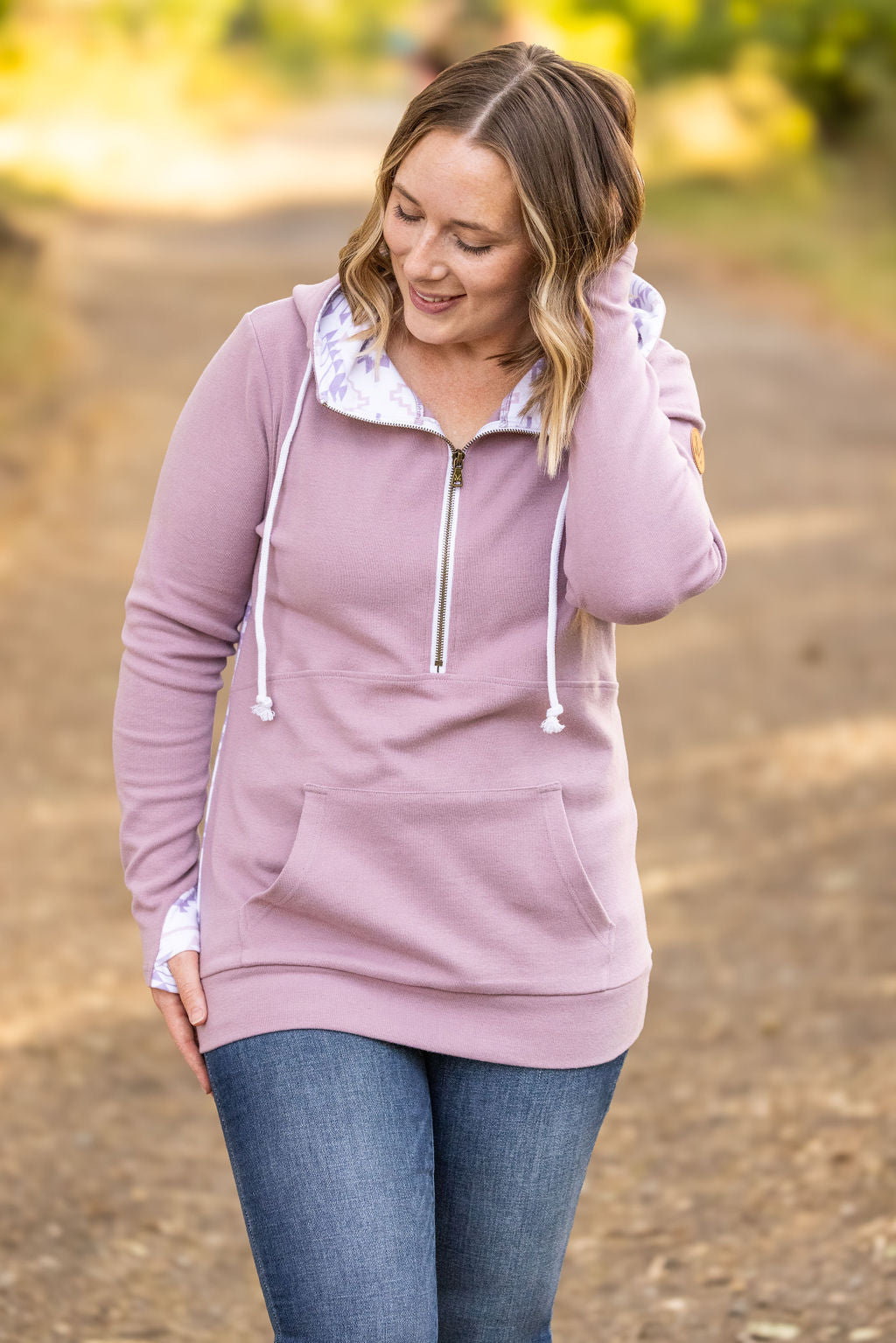 IN STOCK HalfZip Hoodie - Mauve and White Geometric