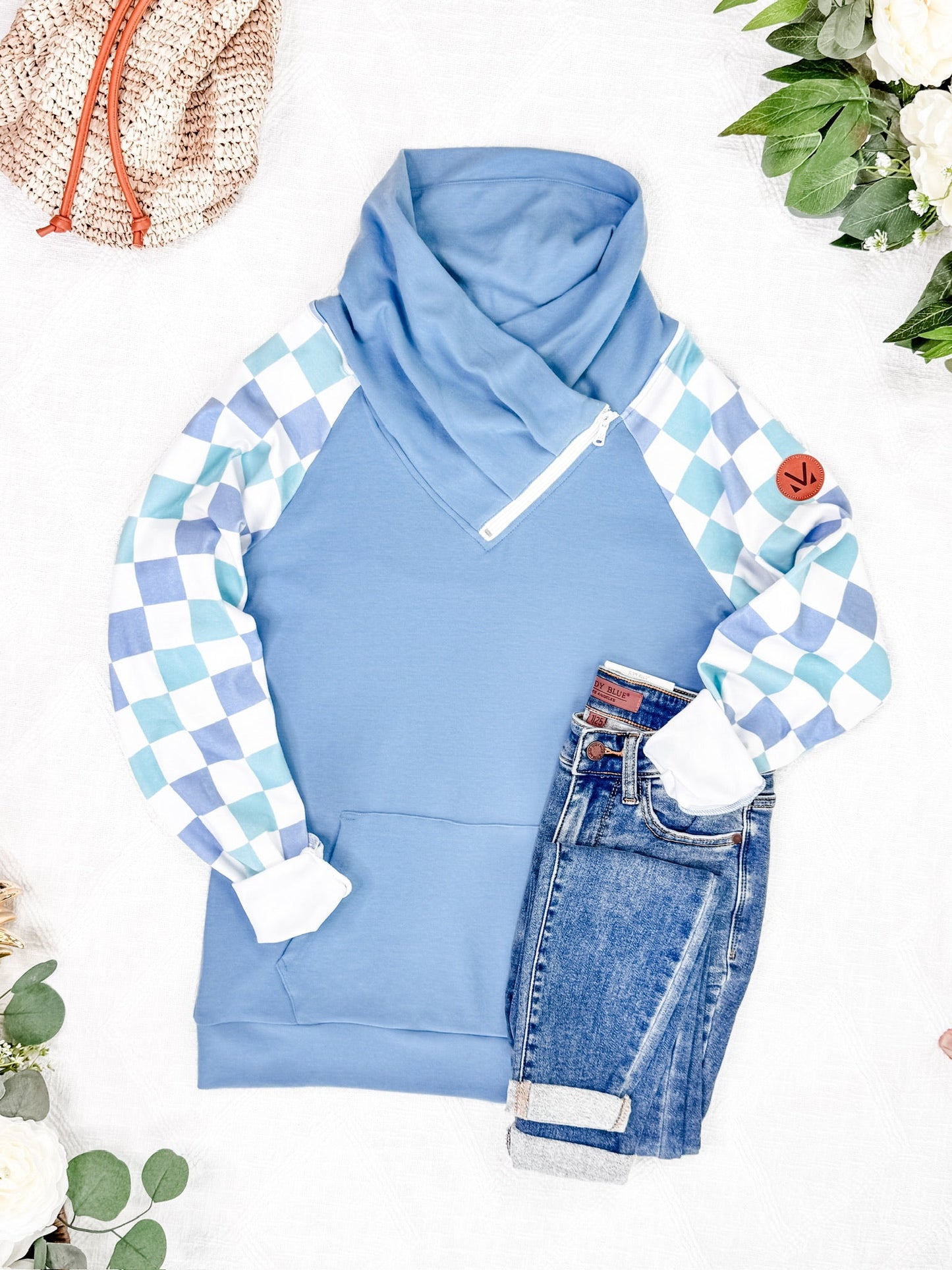 IN STOCK Zoey ZipCowl Sweatshirt - Blue and Mint Checker MM EXCLUSIVE