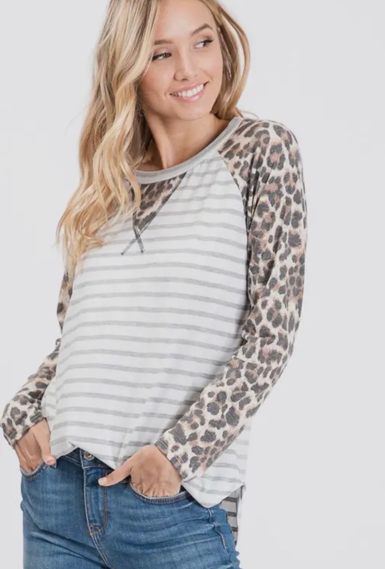 Lovely Melody Striped & Leopard Raglan Top Size 2X
