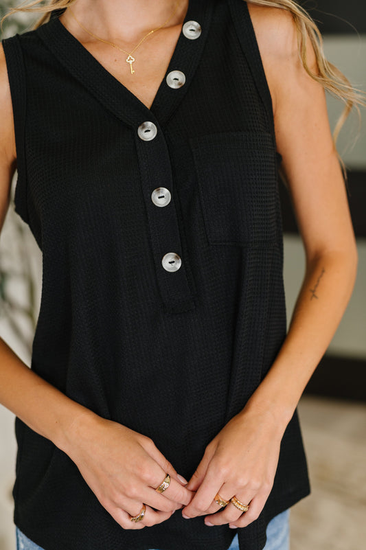 Buttoned Up Buttercup Sleeveless Tank Top in Black