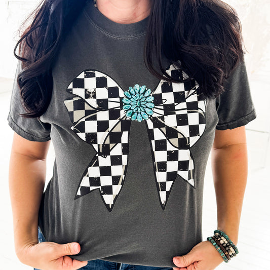 Checkered Bow with Turquoise Gem Graphic Tee