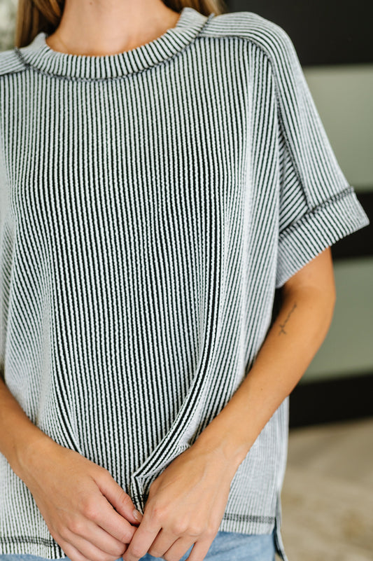 Catch Me Loungin’ Cable Ribbed Knit Top in Black and White