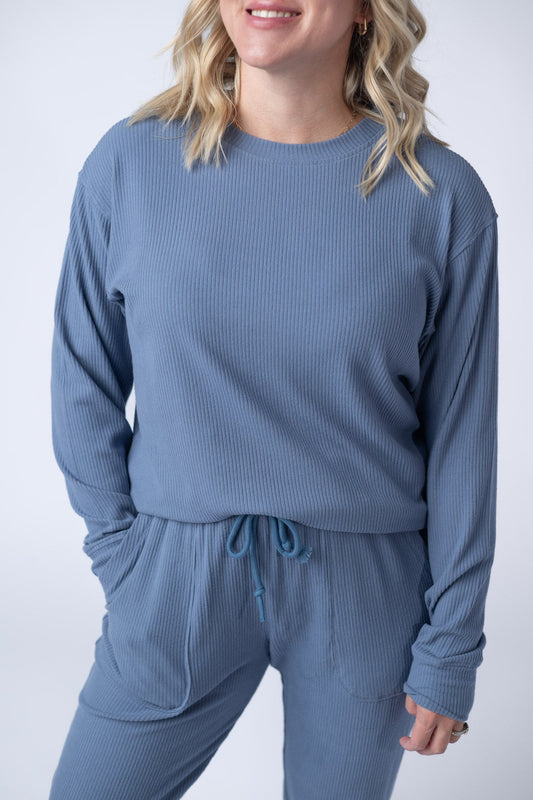 IN STOCK Corrine Ribbed Pullover Top - Denim