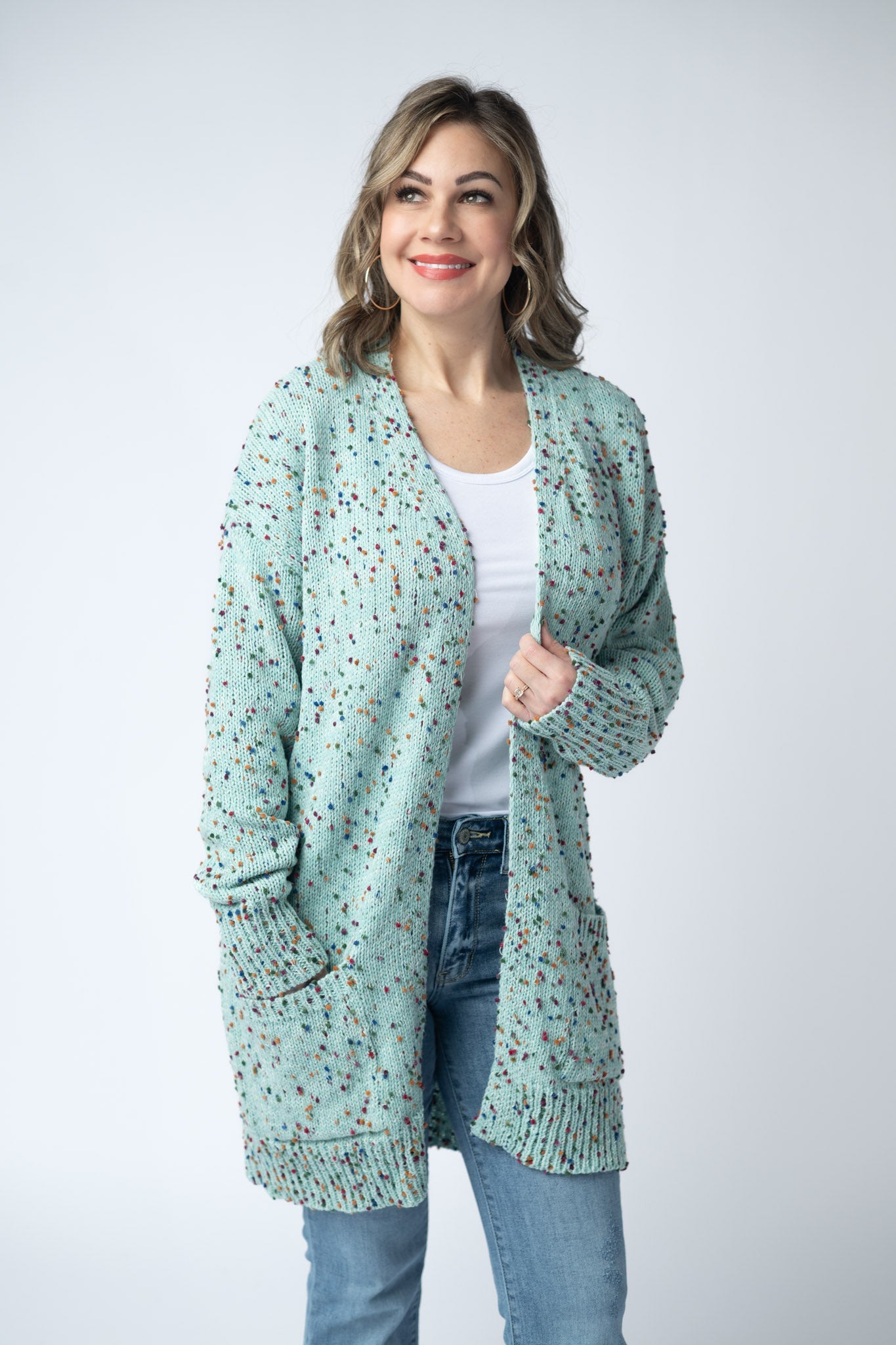 IN STOCK Carly Confetti Dot Cardigan - Aqua Blue