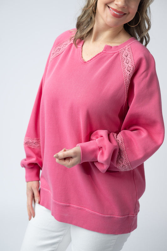 IN STOCK Lace Accent Vintage Wash Pullover - Hot Pink
