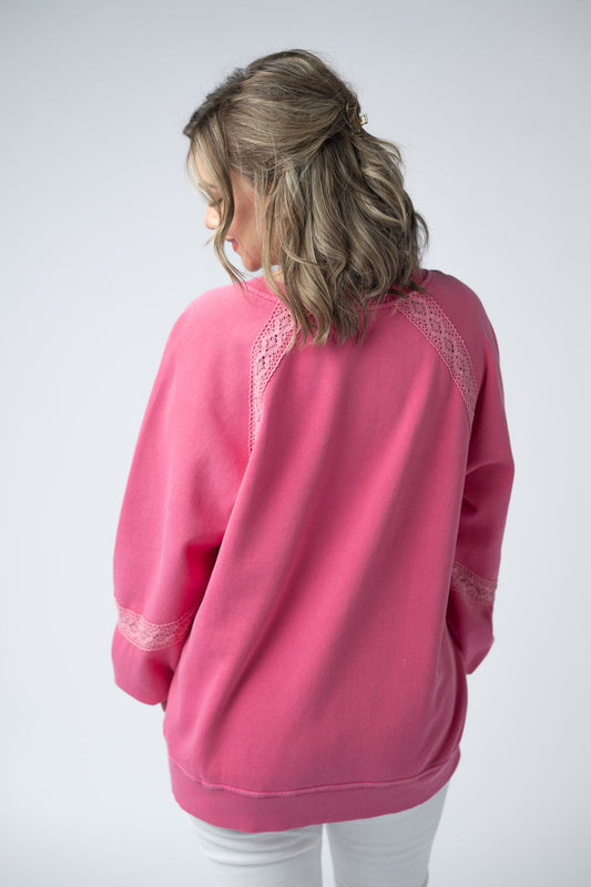 IN STOCK Lace Accent Vintage Wash Pullover - Hot Pink