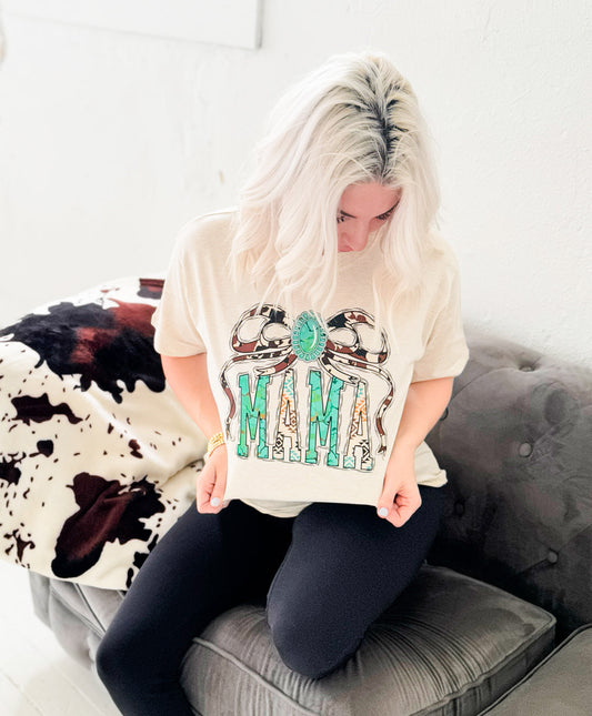 Aztec Mama With Cow Print Bow Graphic Tee