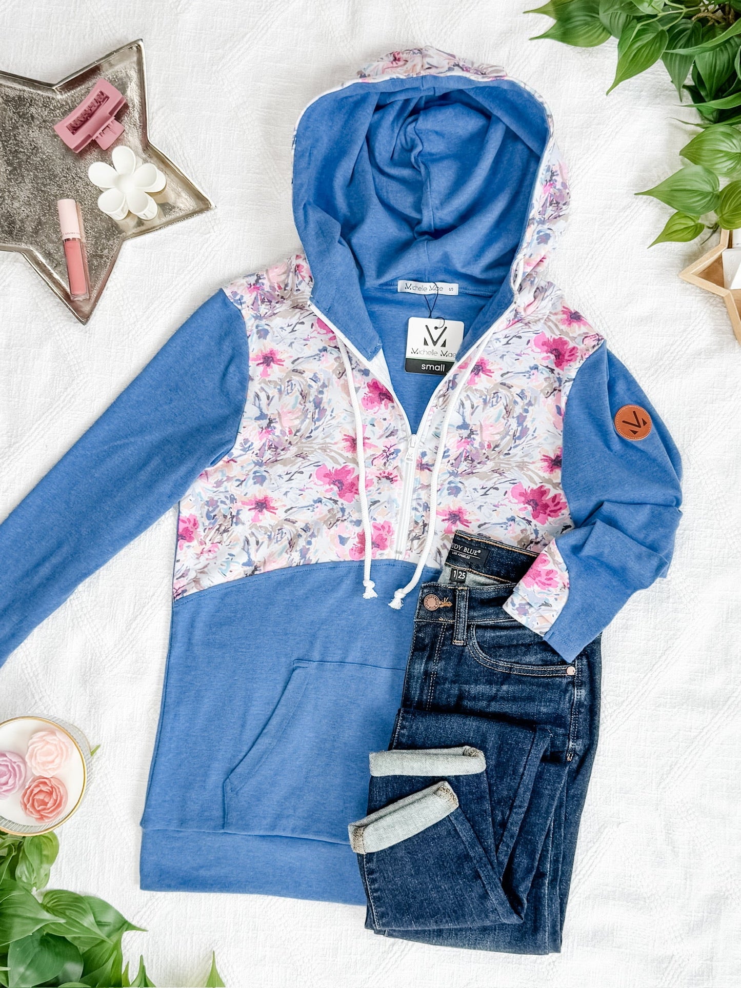 IN STOCK HalfZip Hoodie - Pink and Periwinkle Abstract Floral and Blue