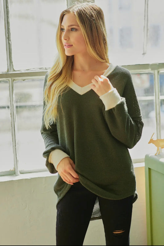 Lovely Melody Contrast Trim Waffle Top Size L