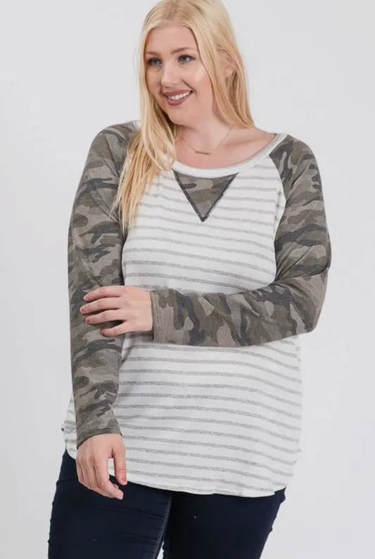 Lovely Melody Striped & Camo Raglan Top Size 1X