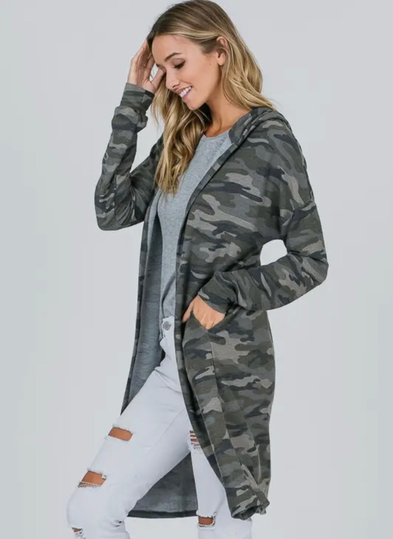 Camo Knit Hooded Duster Cardigan Size 1X