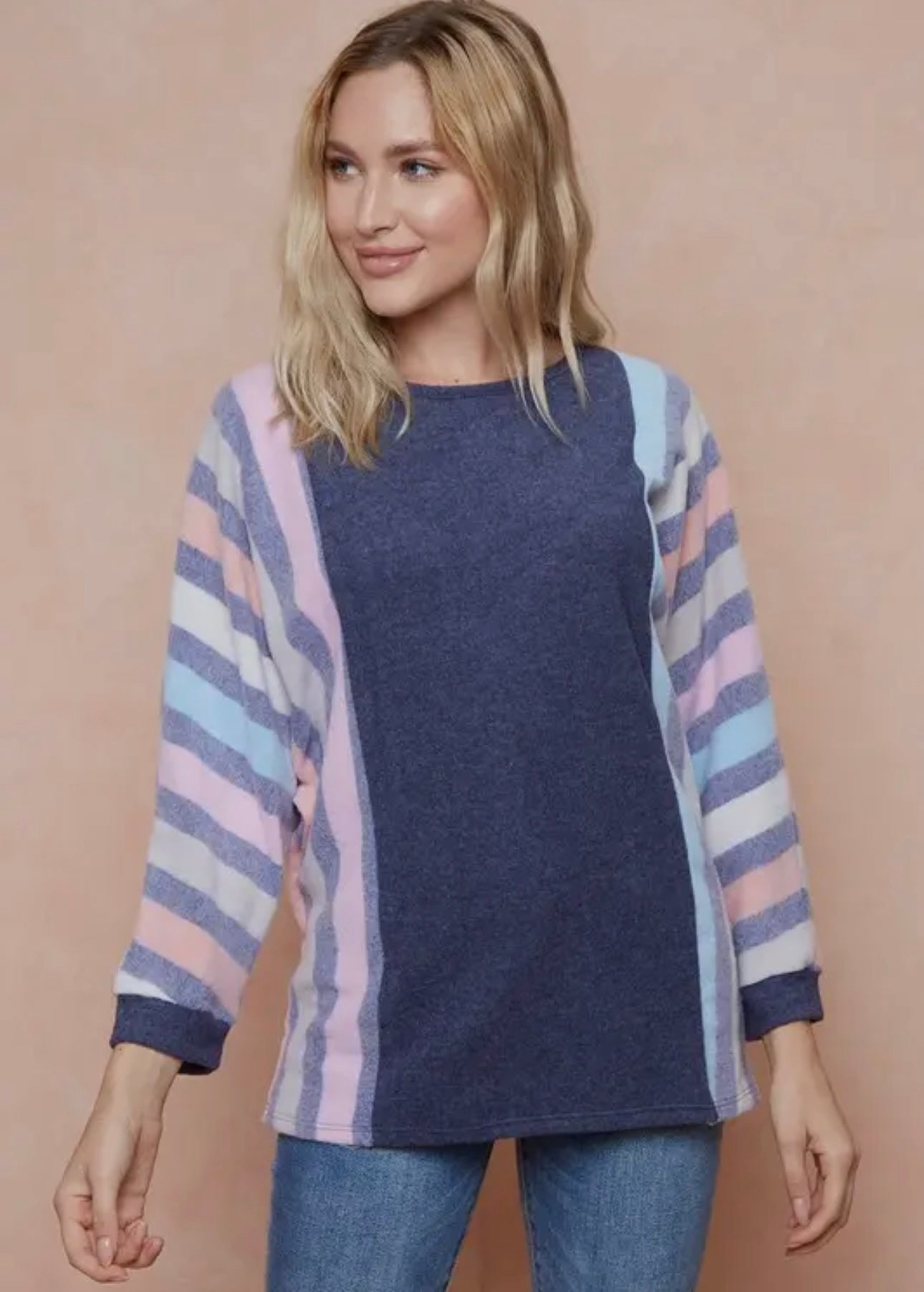 Navy and Pastel Colorblock Stripe Top Size 2X