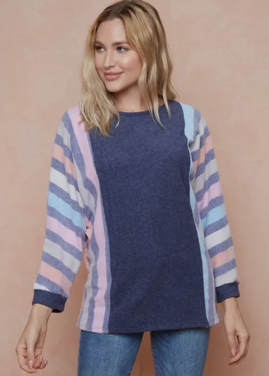 Navy and Pastel Colorblock Stripe Top Size 2X