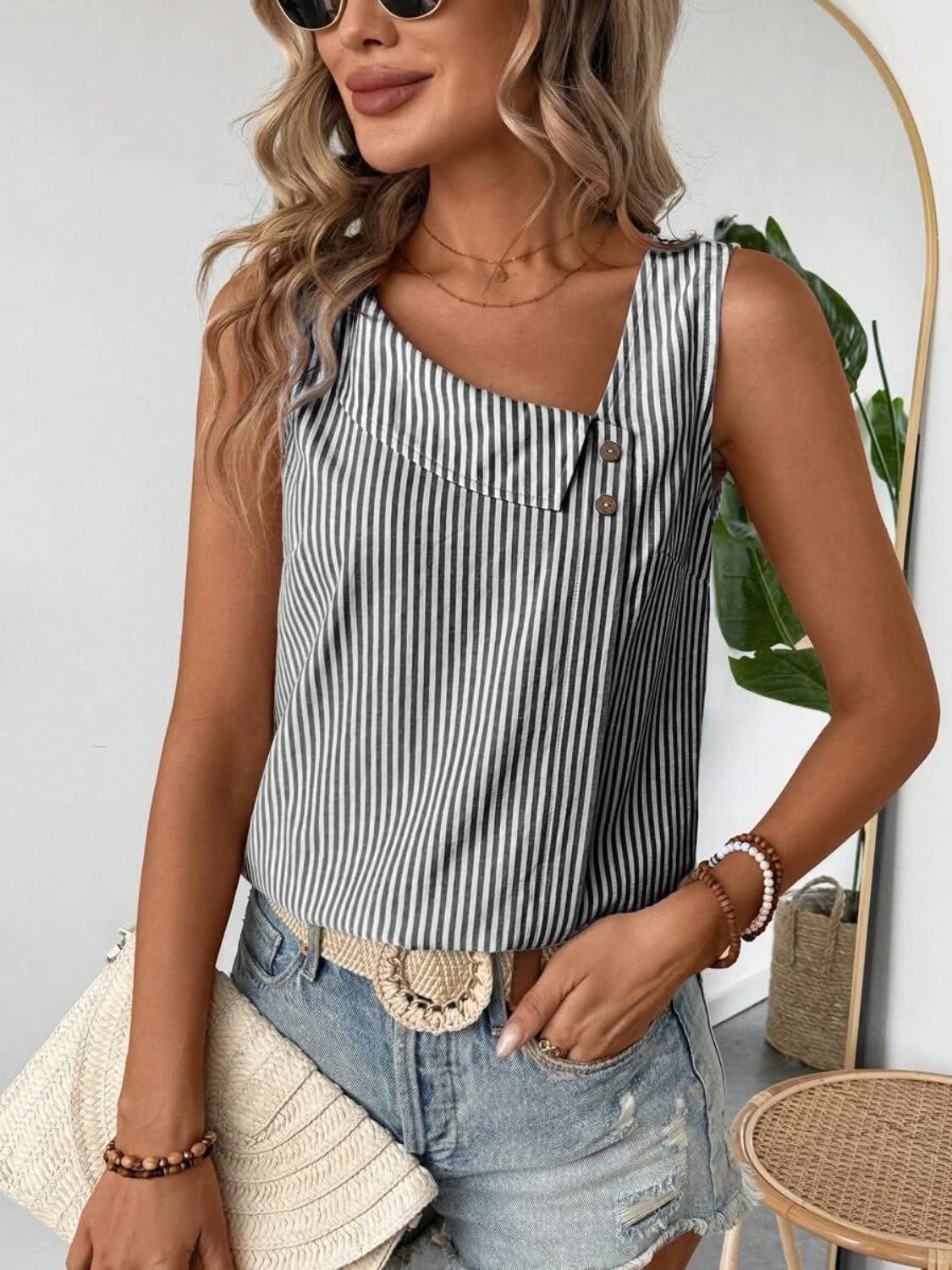 Decorative Button Asymmetrical Striped Tank