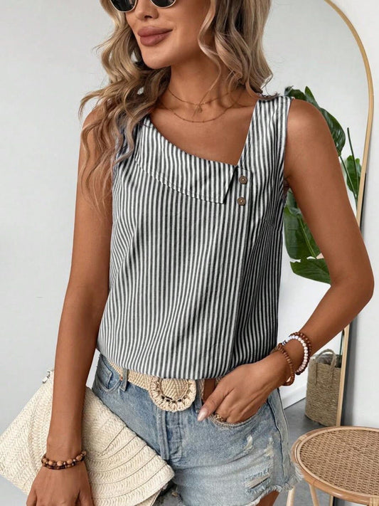 Decorative Button Asymmetrical Striped Tank
