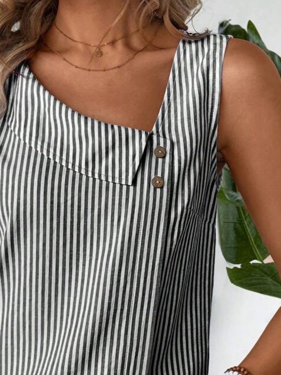 Decorative Button Asymmetrical Striped Tank