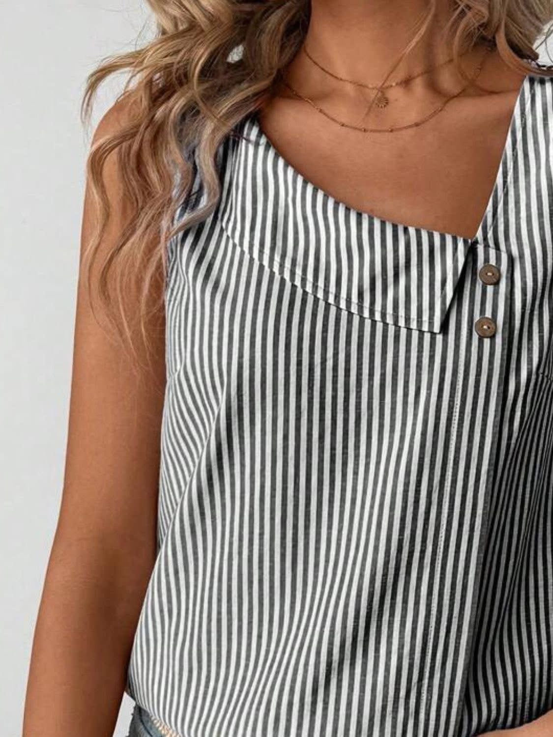 Decorative Button Asymmetrical Striped Tank