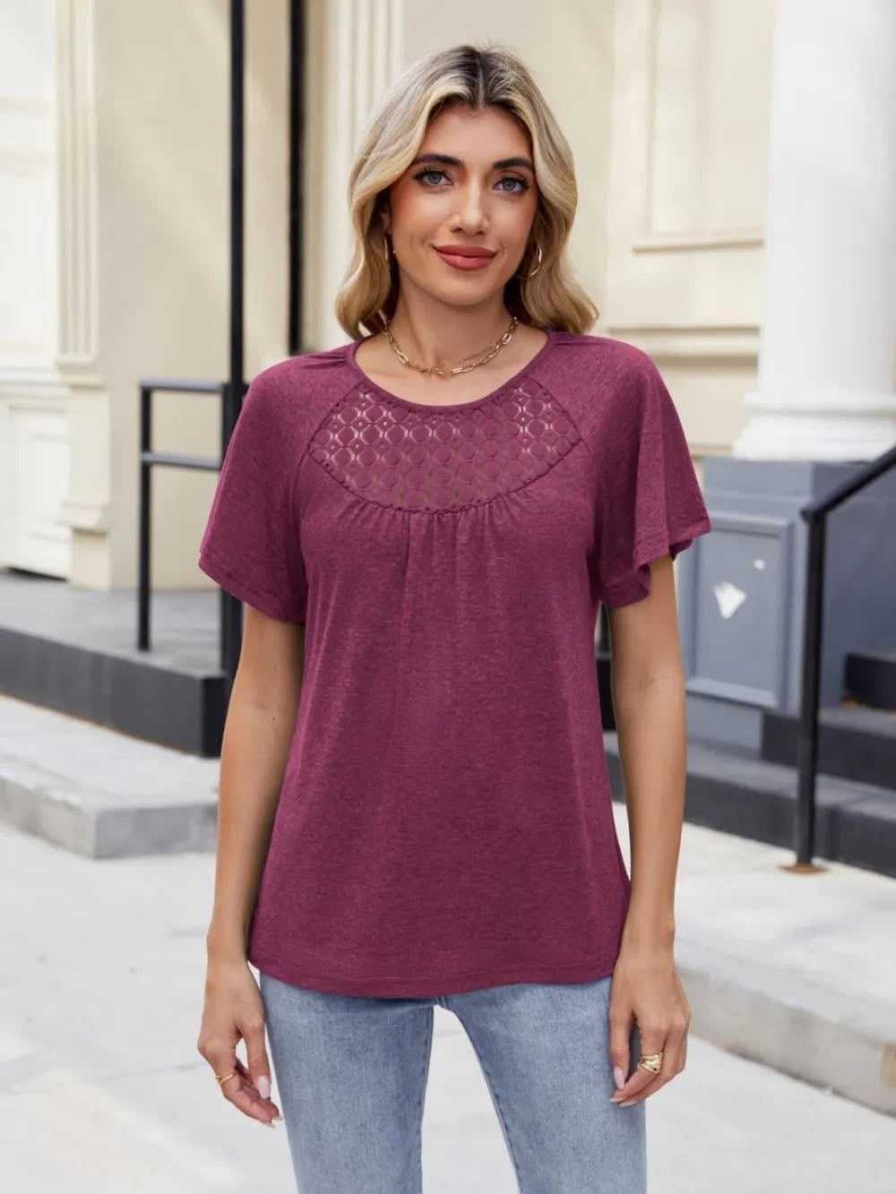 Lace Detail Round Neck Short Sleeve Blouse