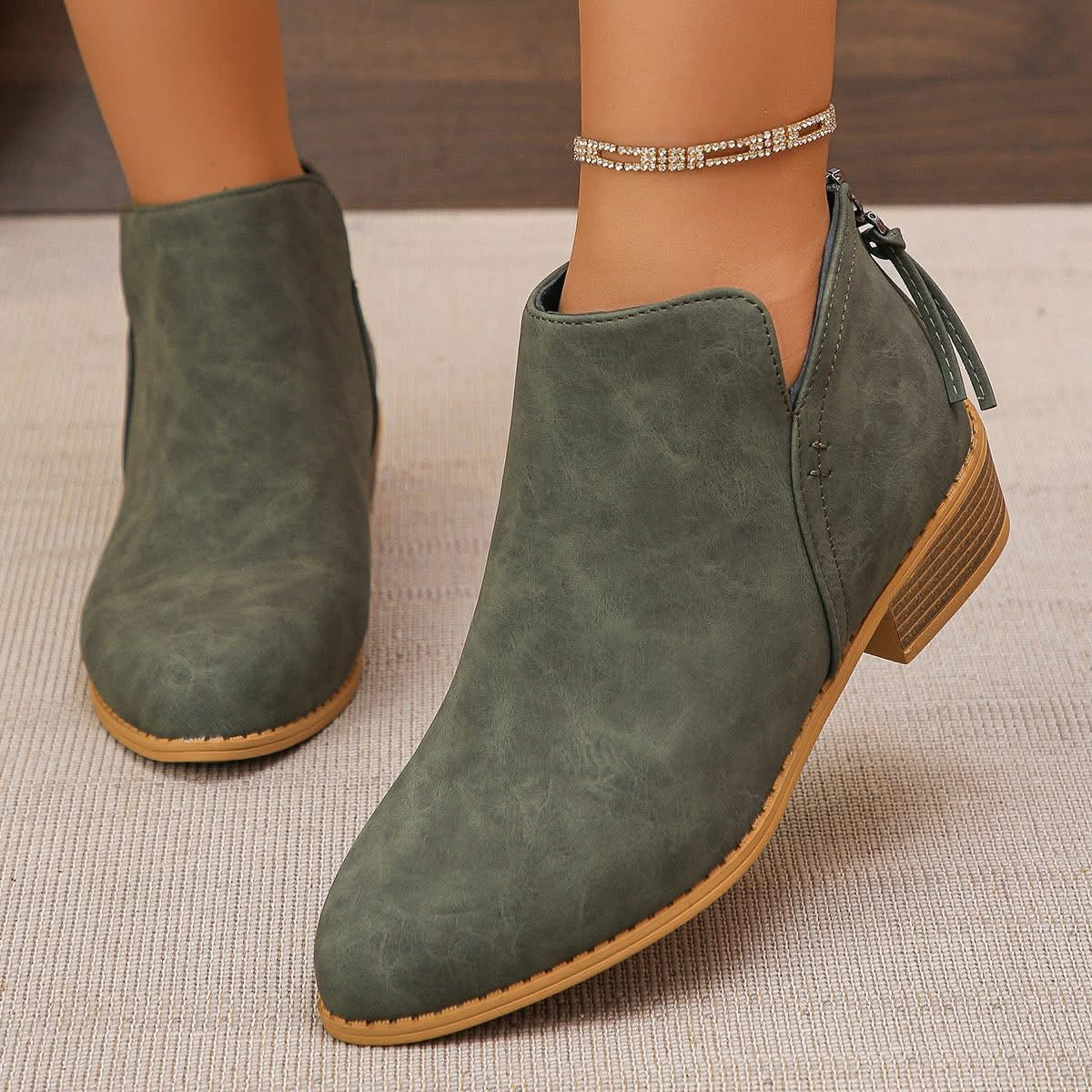 Point Toe Block Heels Boots Army Green Size 37 (US6)