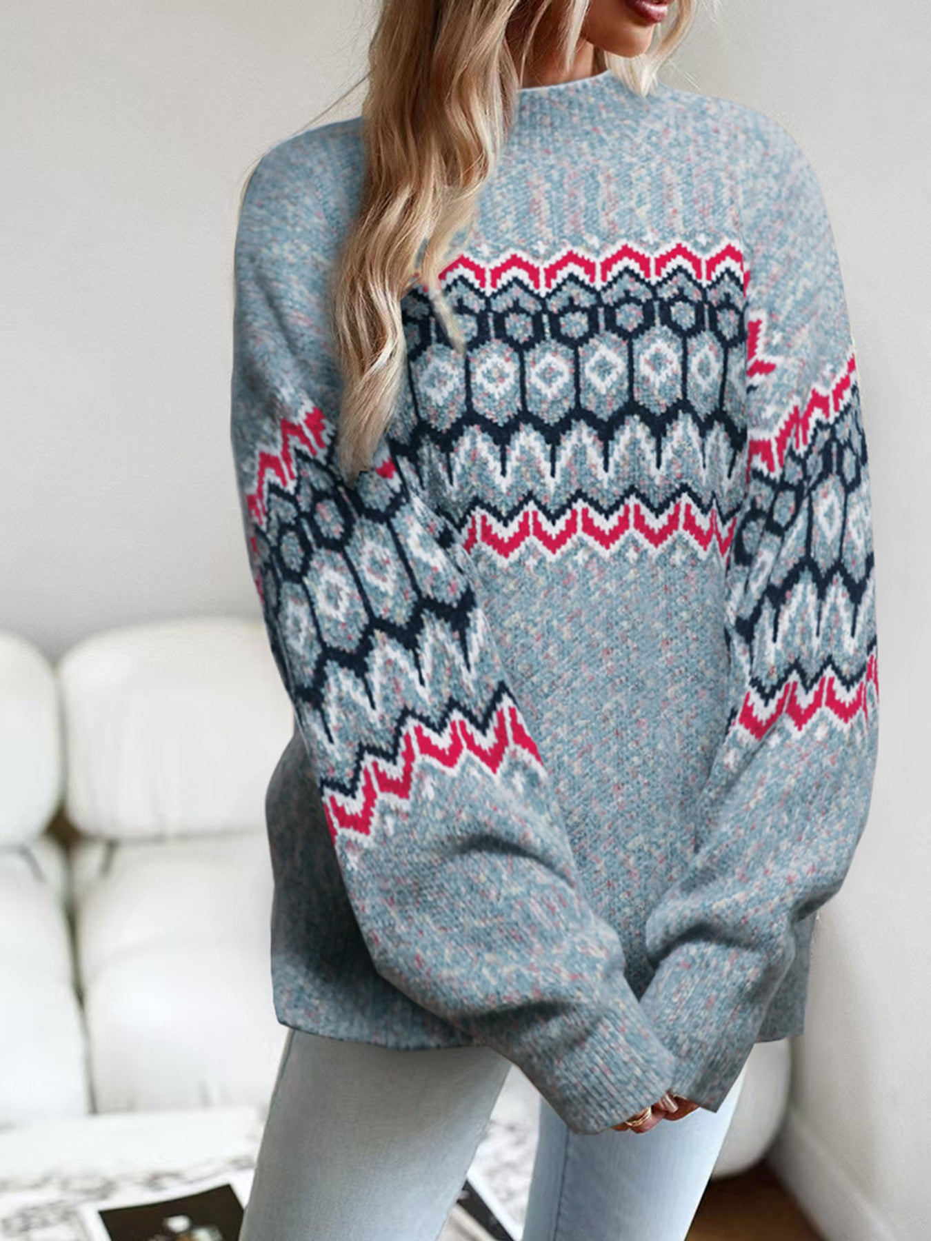 Geometric Pattern Long Sleeve Sweater Size L