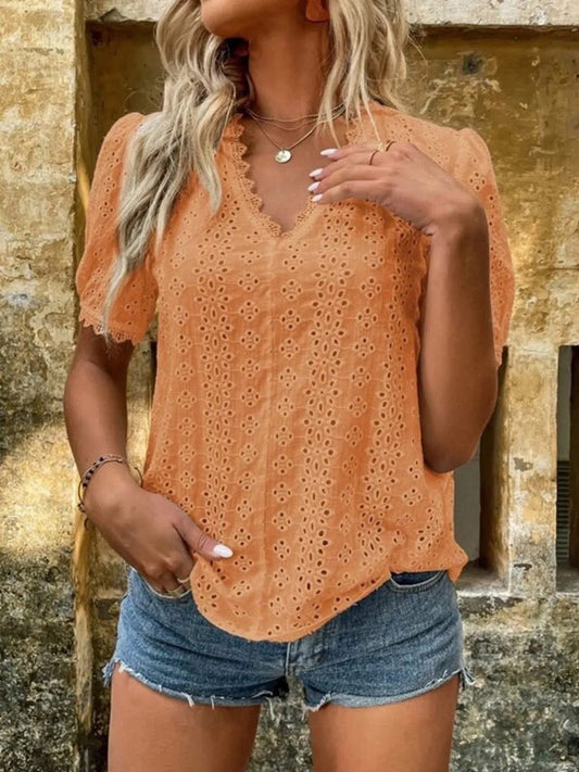 Full Size Lace Detail Eyelet V-Neck Short Sleeve Blouse