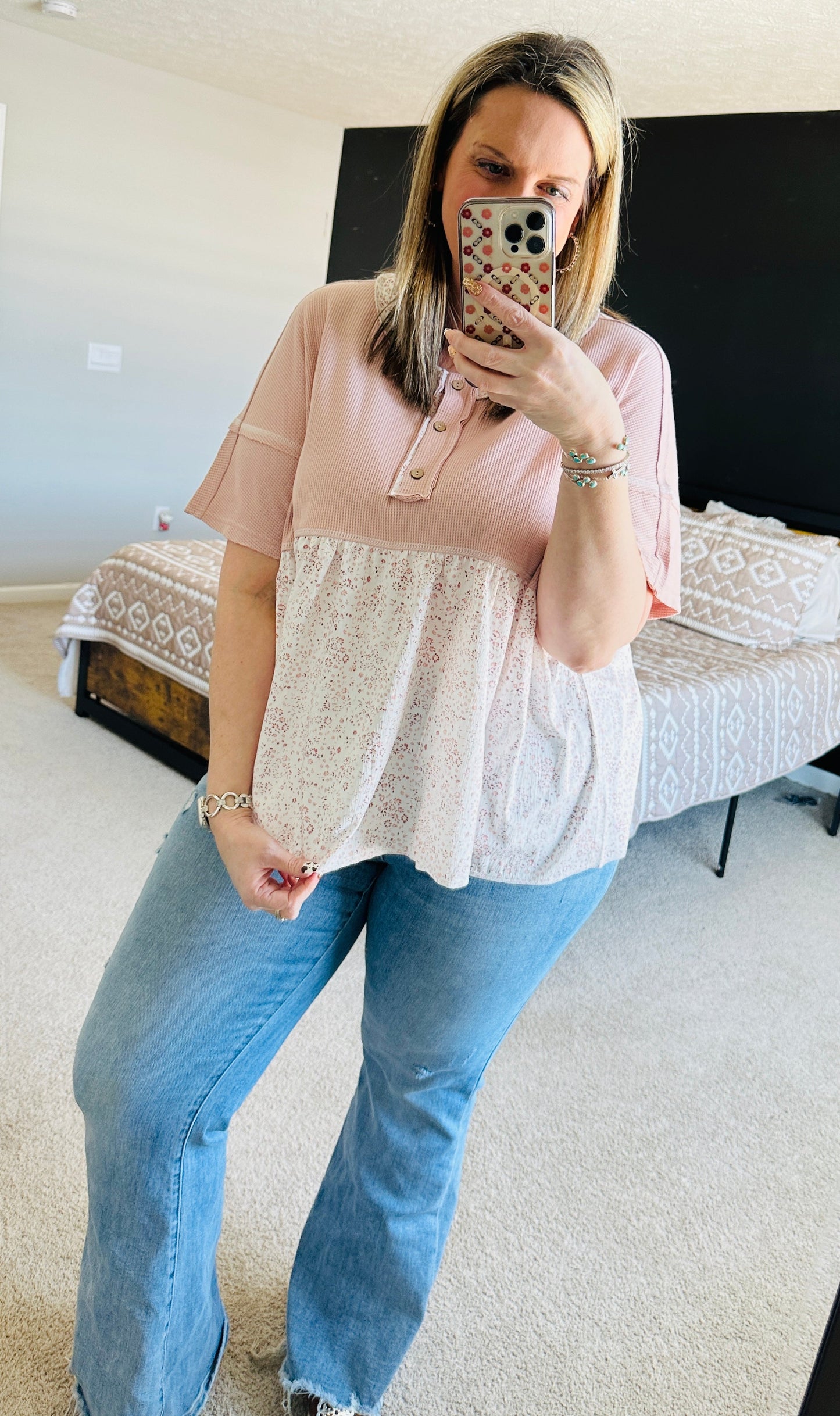 Pink Floral Waffle Top