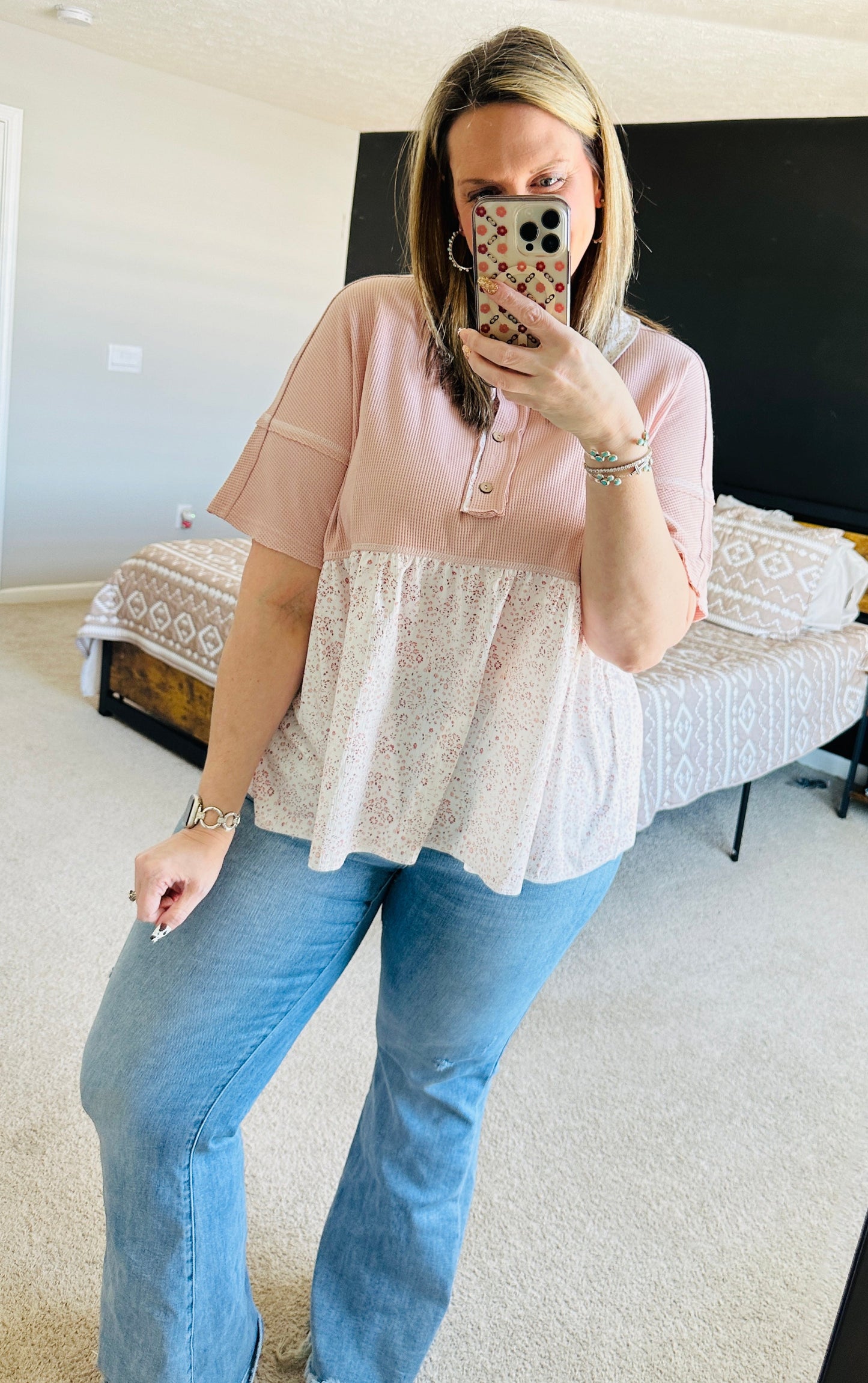 Pink Floral Waffle Top