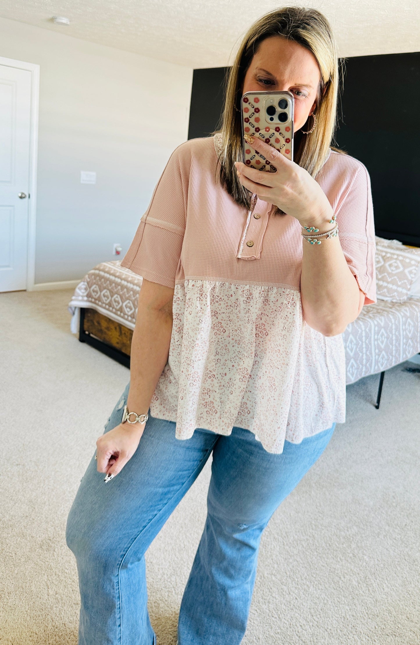 Pink Floral Waffle Top